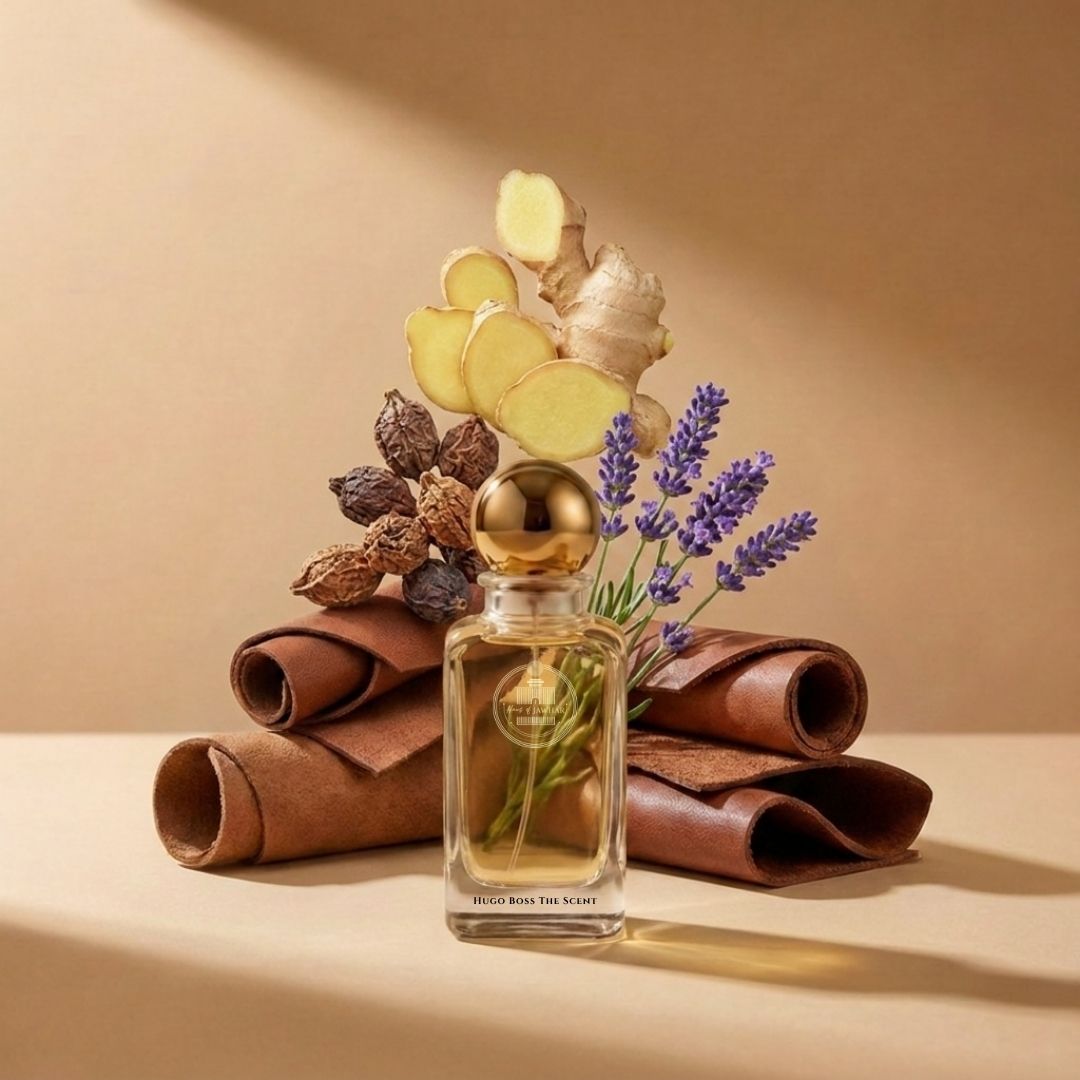 Haus Of Jawhar Hugo Boss The Scent perfume bottle with ginger, maninka fruit, lavender and leather fragrance notes.