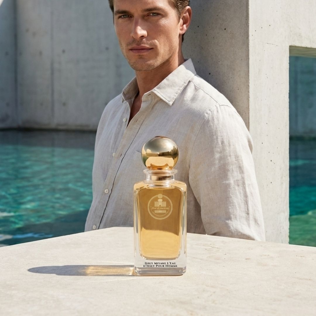 Haus Of Jawhar Issey Miyake L'Eau d'Issey Pour Homme perfume bottle in a luxury lifestyle setting.