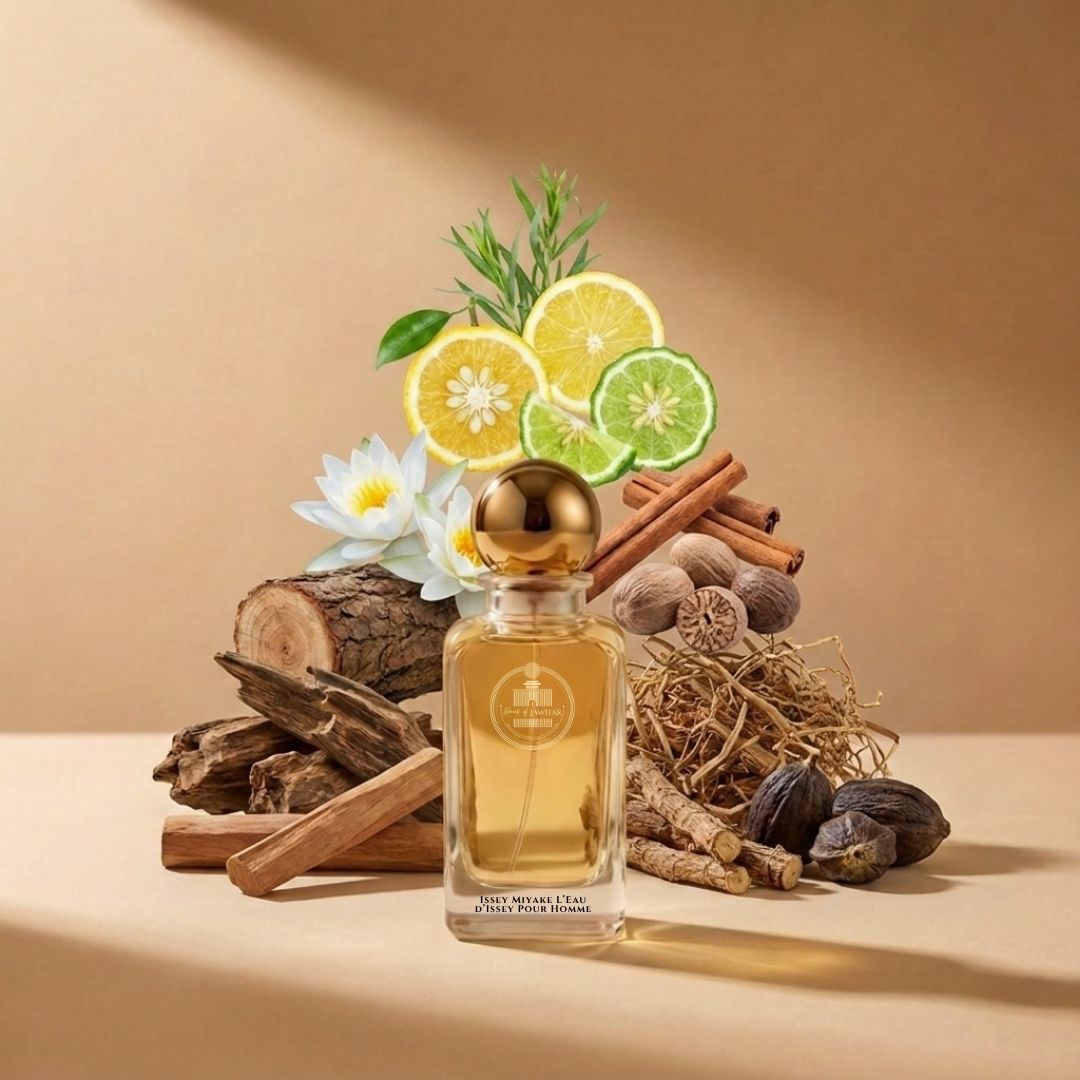 Haus Of Jawhar Issey Miyake L'Eau d'Issey Pour Homme perfume bottle with yuzu, citrus, nutmeg and woody fragrance notes.