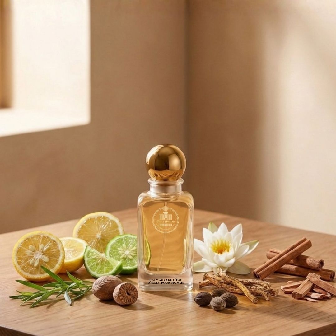 Haus Of Jawhar Issey Miyake L'Eau d'Issey Pour Homme perfume bottle with yuzu, citrus, nutmeg and woody fragrance notes.