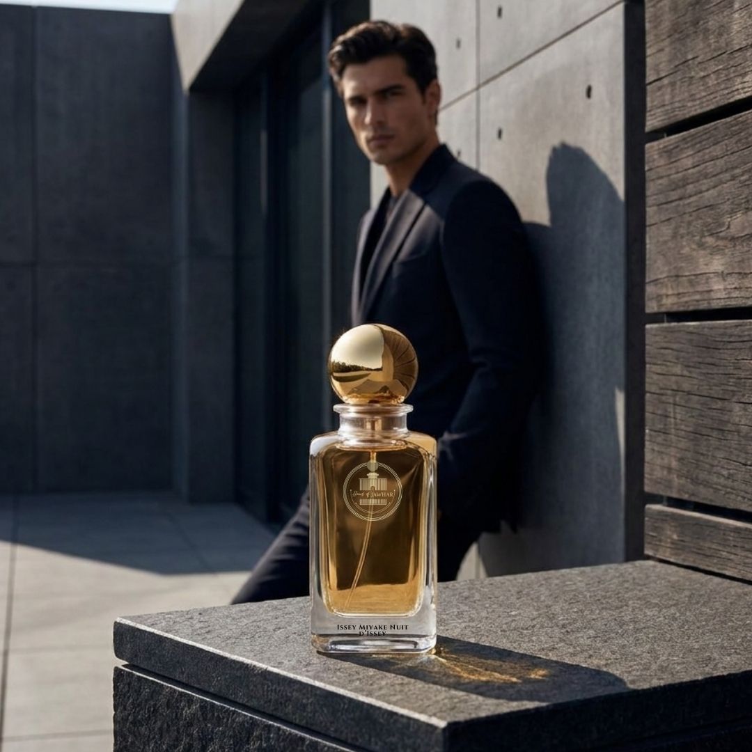 Haus Of Jawhar Issey Miyake Nuit D'Issey perfume bottle in a luxury lifestyle setting.