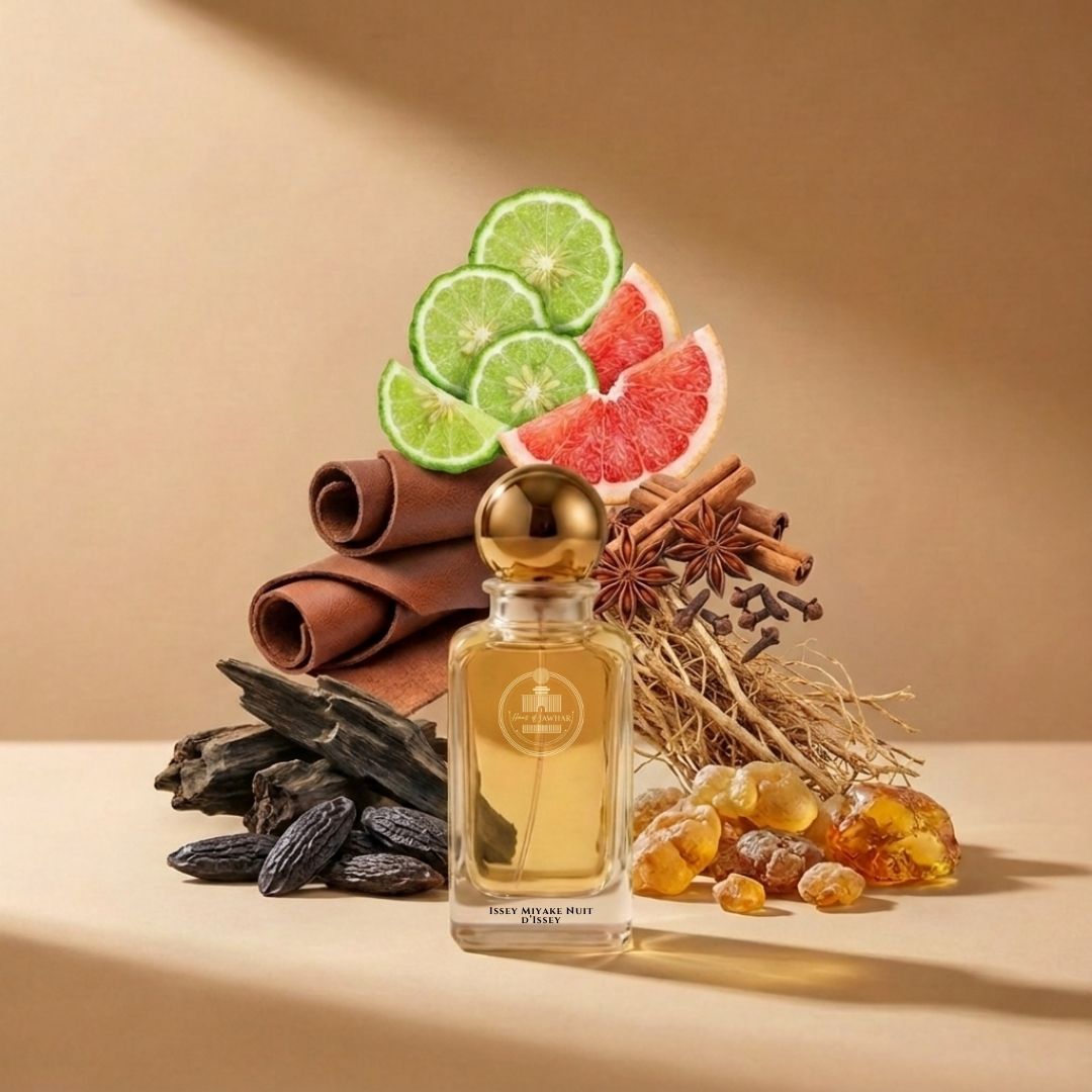 Haus Of Jawhar Issey Miyake Nuit D'Issey perfume bottle with bergamot, leather, black pepper and tonka bean fragrance notes.