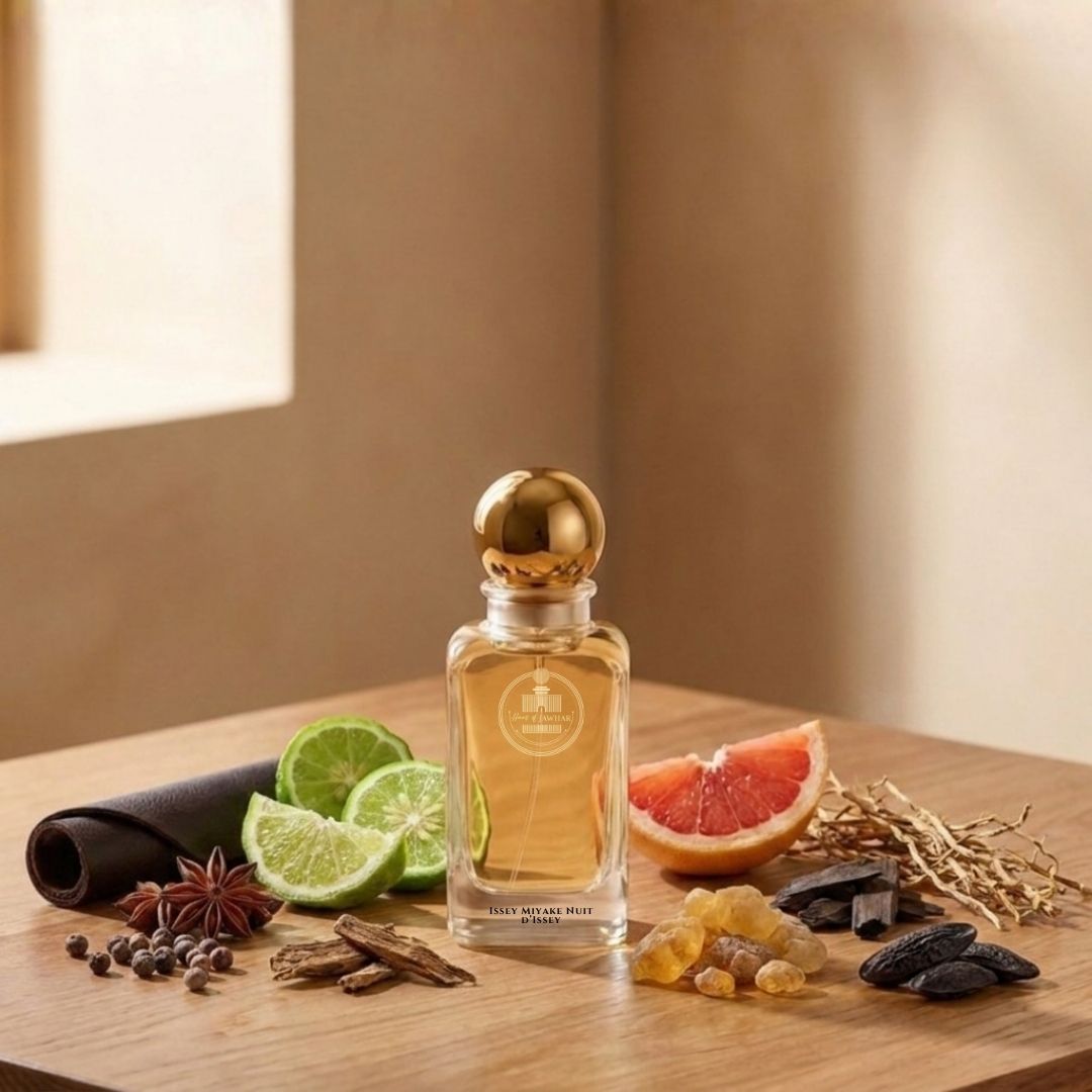 Haus Of Jawhar Issey Miyake Nuit D'Issey perfume bottle with bergamot, leather, black pepper and tonka bean fragrance notes.
