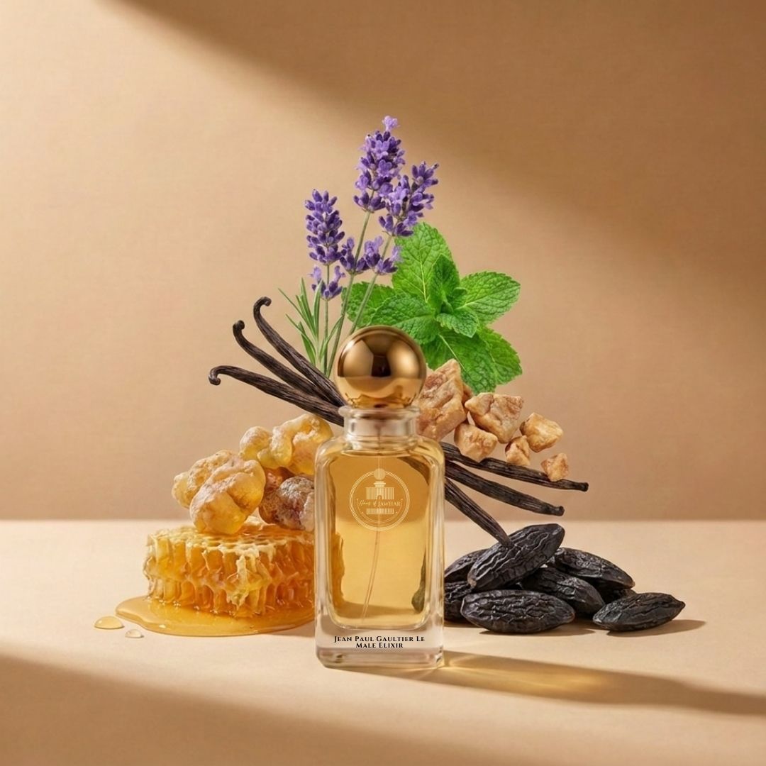 Haus Of Jawhar Jean Paul Gaultier Le Male Elixir perfume bottle with lavender, honey, tonka bean and vanilla fragrance notes.