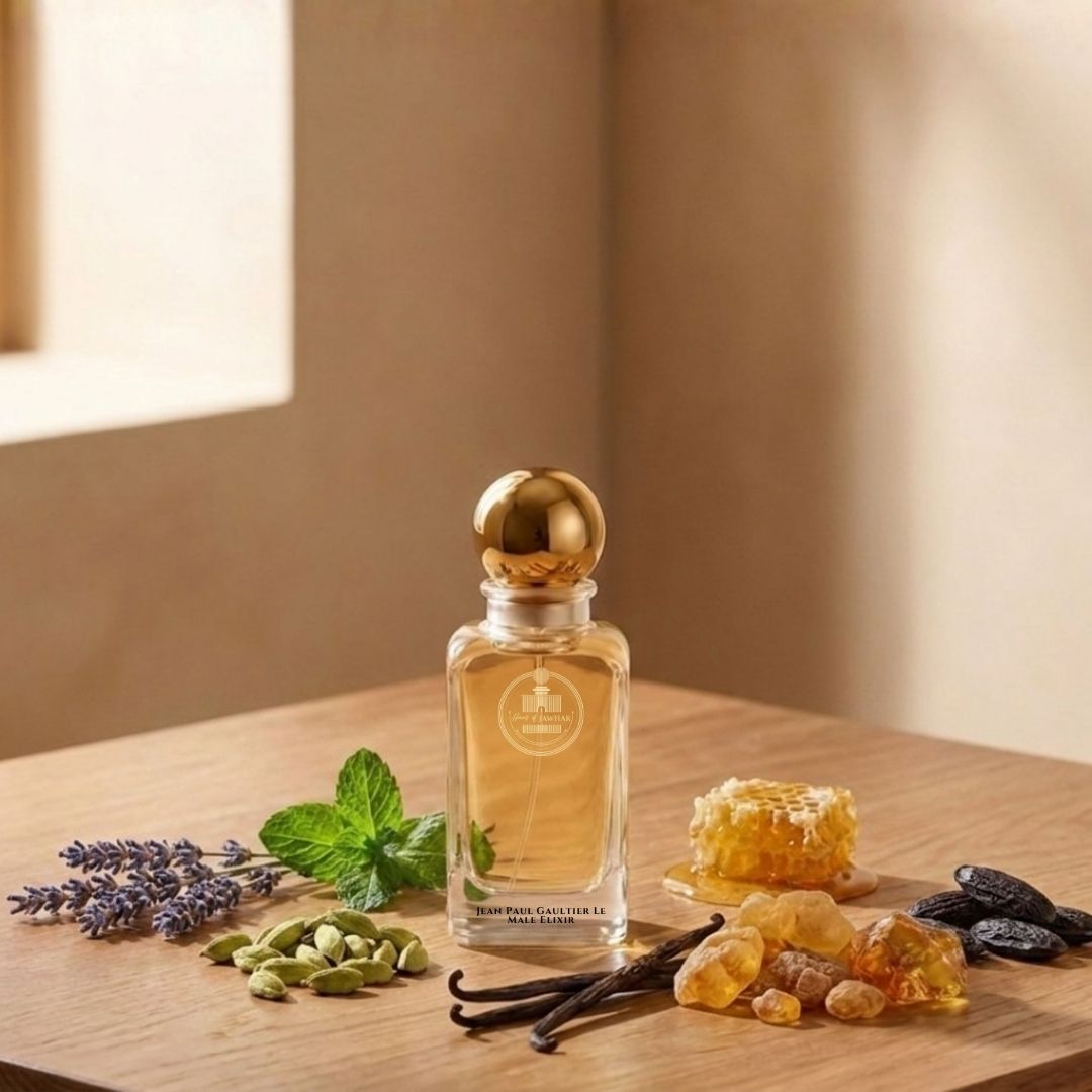 Haus Of Jawhar Jean Paul Gaultier Le Male Elixir perfume bottle with lavender, honey, tonka bean and vanilla fragrance notes.