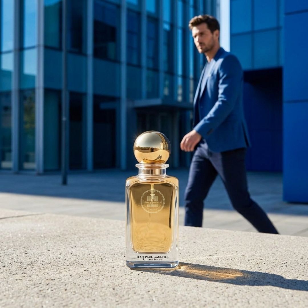 Haus Of Jawhar Jean Paul Gaultier Ultra Male perfume bottle in a luxury lifestyle setting.