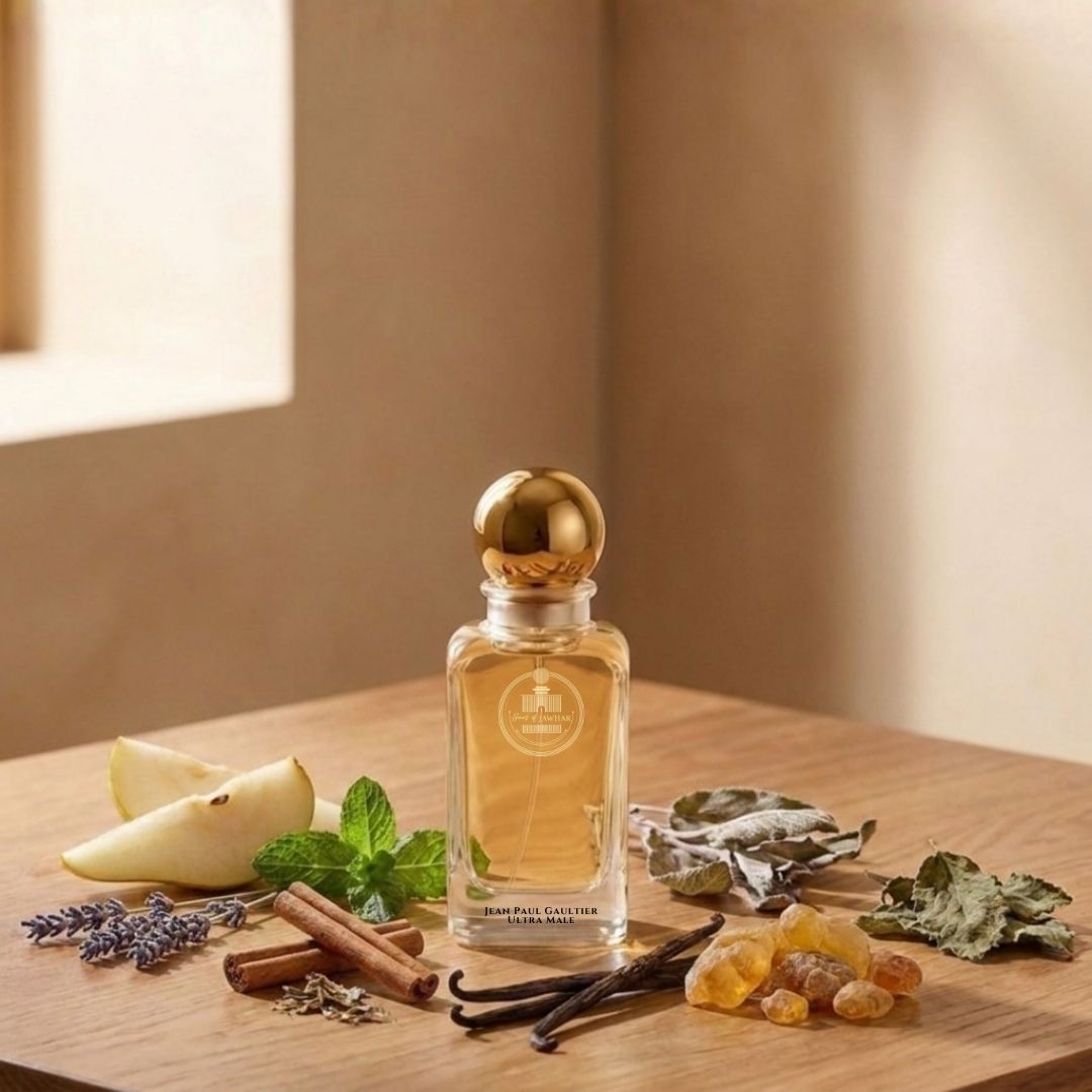 Haus Of Jawhar Jean Paul Gaultier Ultra Male perfume bottle with pear, lavender, cinnamon and vanilla fragrance notes.