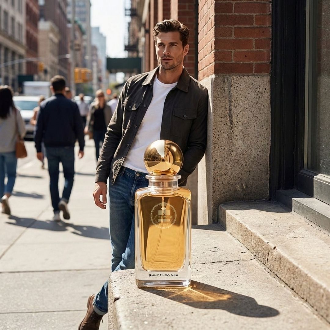 Haus Of Jawhar Jimmy Choo Man perfume bottle in a luxury lifestyle setting.