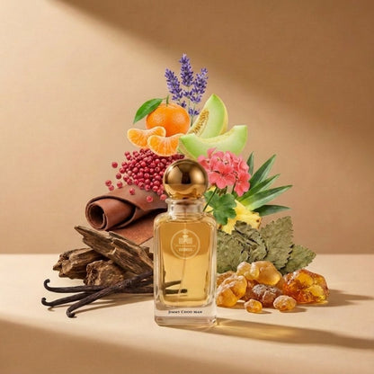 Haus Of Jawhar Jimmy Choo Man perfume bottle with lavender, melon, pink pepper and patchouli fragrance notes.