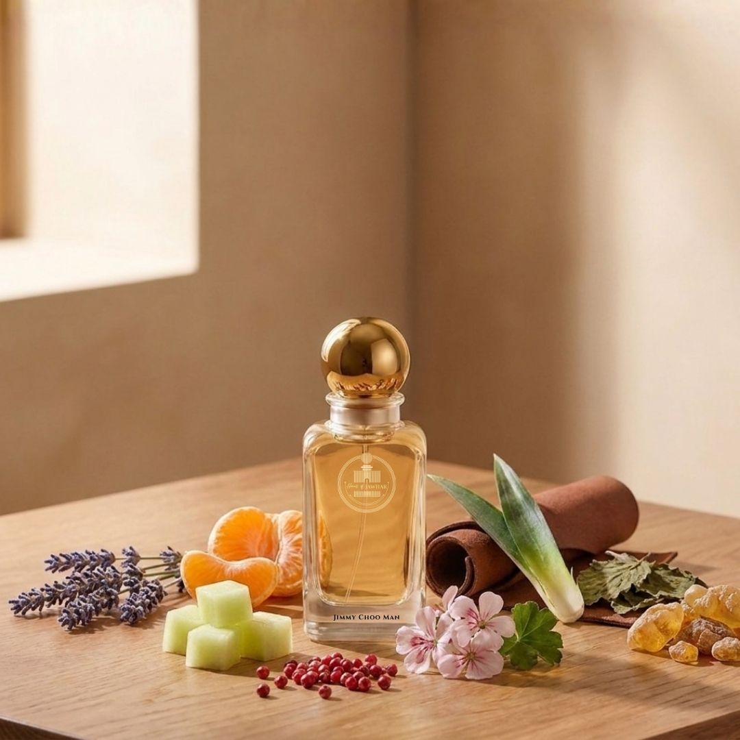 Haus Of Jawhar Jimmy Choo Man perfume bottle with lavender, melon, pink pepper and patchouli fragrance notes.