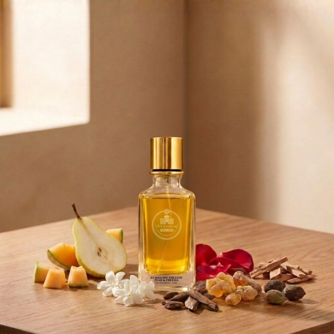 Jo Malone English Pear & Freesia by Haus Of Jawhar with pear, melon, freesia, rose, amber and woody notes.