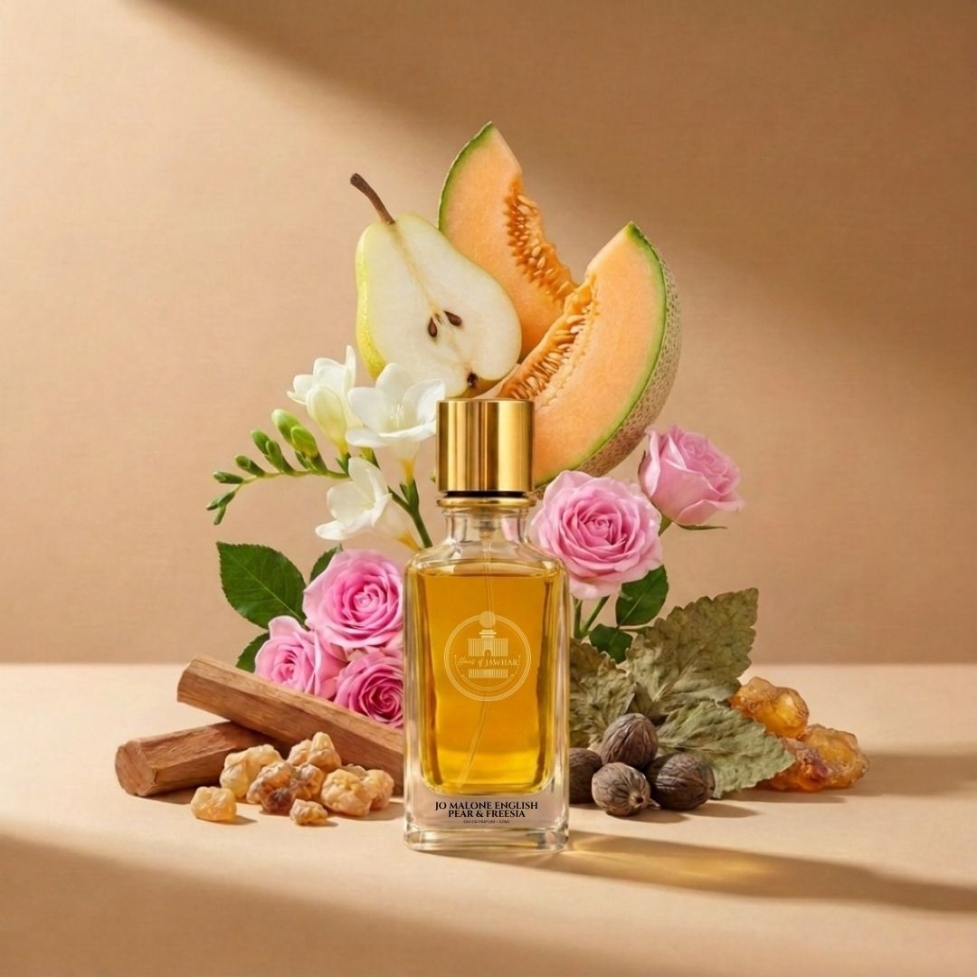 Jo Malone English Pear & Freesia by Haus Of Jawhar with pear, melon, freesia, rose, cinnamon, amber and patchouli notes.
