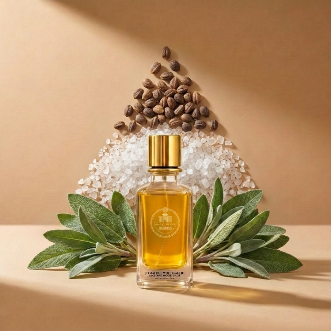 Haus Of Jawhar Jo Malone Wood Sage & Sea Salt perfume bottle with sea salt, sage, ambrette and woody fragrance notes.