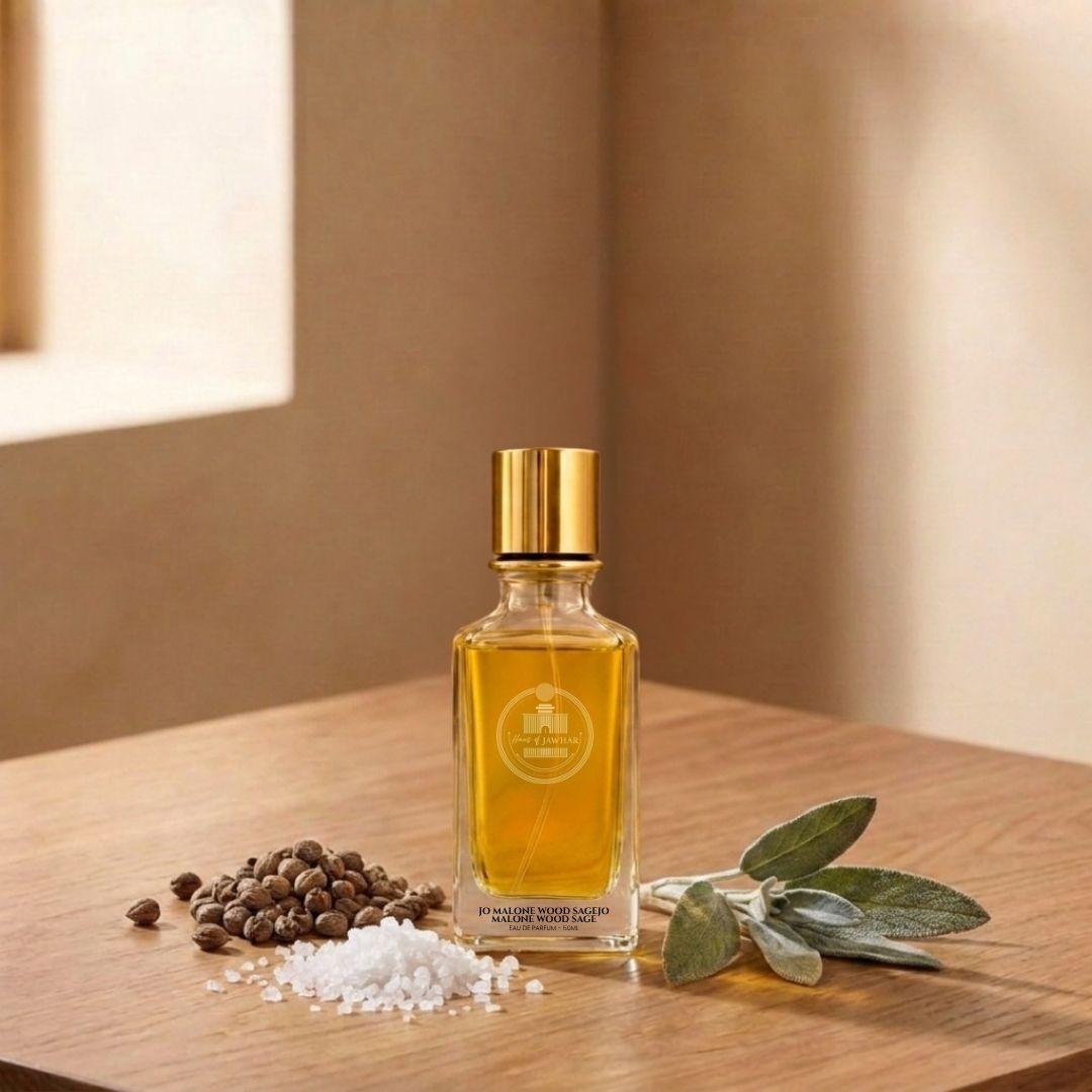Haus Of Jawhar Jo Malone Wood Sage & Sea Salt perfume bottle with sea salt, sage, ambrette and woody fragrance notes.