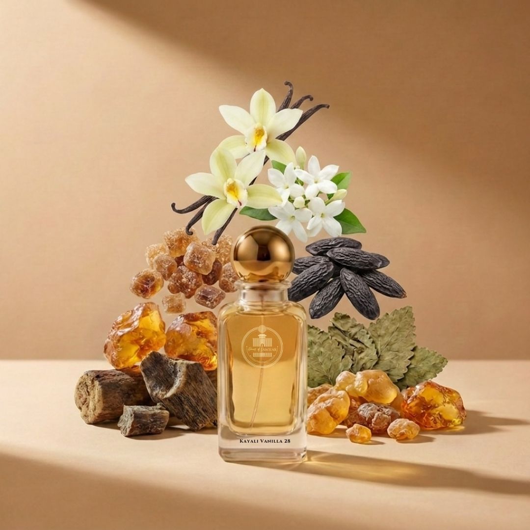 Haus Of Jawhar Kayali Vanilla 28 perfume bottle with vanilla, tonka bean, amber and musk fragrance notes.