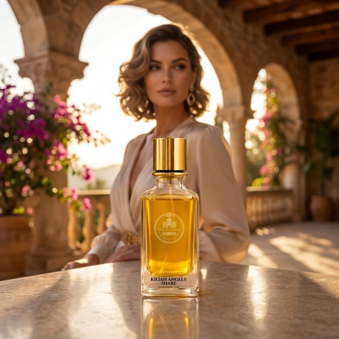 Haus Of Jawhar Kilian Angels' Share perfume bottle in a luxury lifestyle setting.