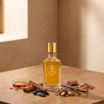 Haus Of Jawhar Kilian Angels' Share perfume bottle with cognac, cinnamon, oak and vanilla fragrance notes.