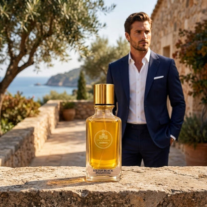 Haus Of Jawhar Kilian Black Phantom perfume bottle in a luxury lifestyle setting.