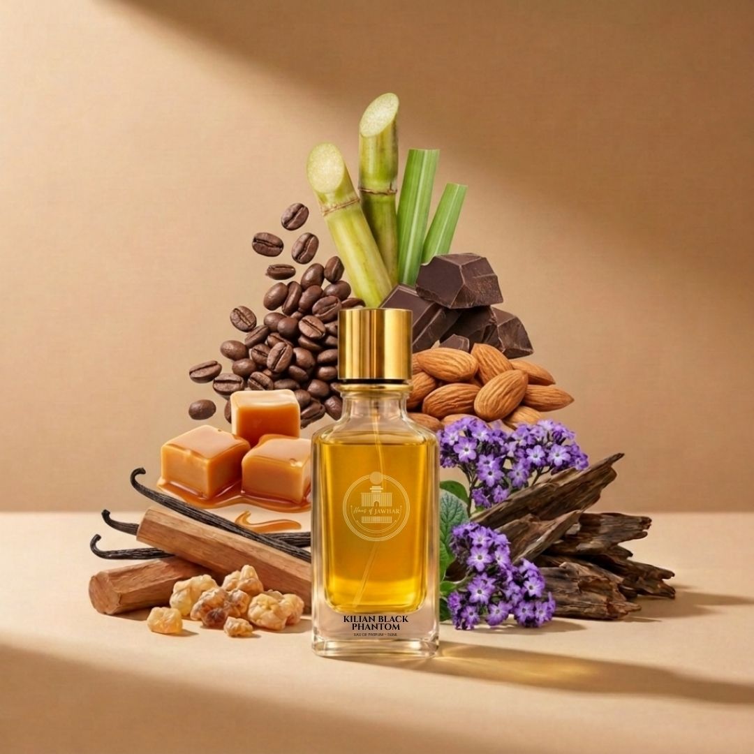 Haus Of Jawhar Kilian Black Phantom perfume bottle with coffee, chocolate, caramel and vanilla fragrance notes.