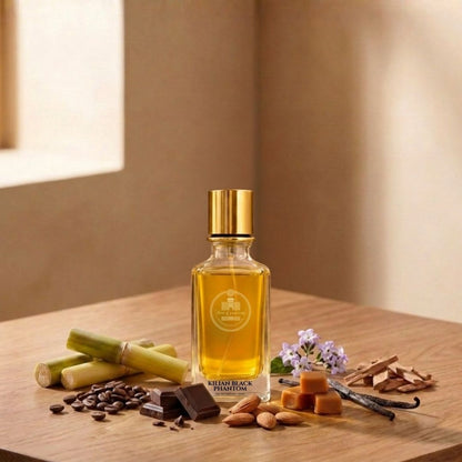 Haus Of Jawhar Kilian Black Phantom perfume bottle with coffee, caramel, chocolate and woody fragrance notes.