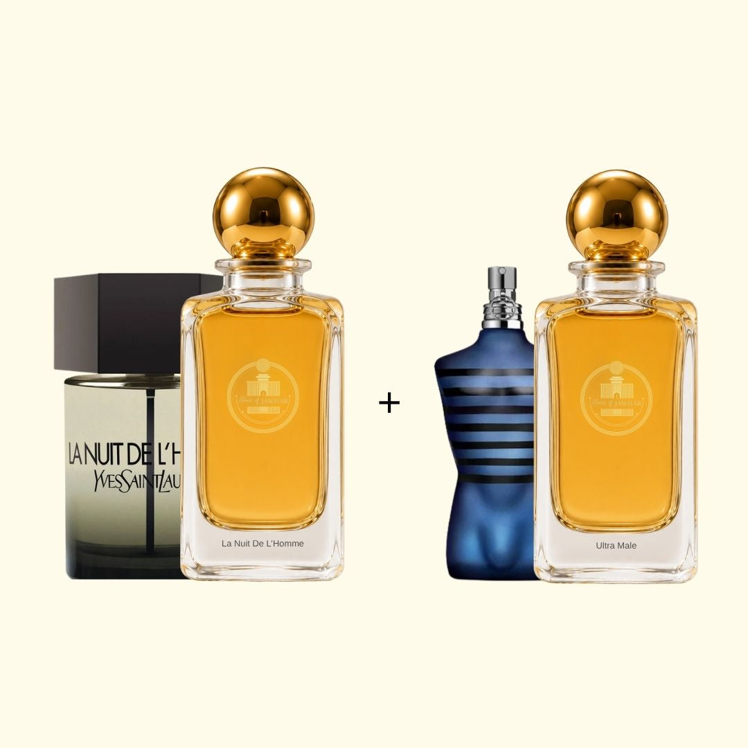 Haus Of Jawhar La Nuit de L'Homme and Ultra Male perfume bottles with fragrance references.