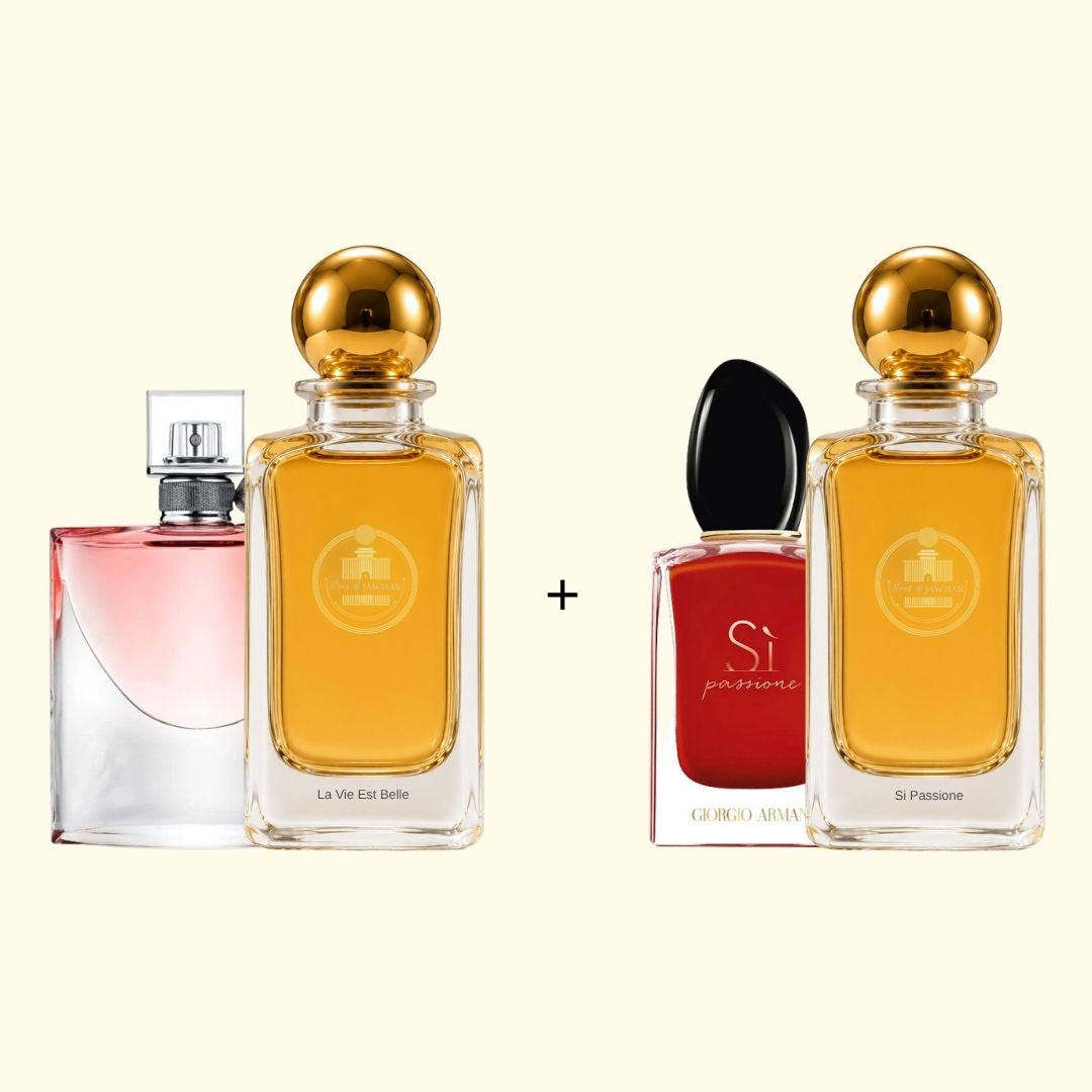 Haus Of Jawhar La Vie Est Belle and Si Passione perfume bottles with fragrance references.
