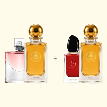 Haus Of Jawhar La Vie Est Belle and Si Passione perfume bottles with fragrance references.
