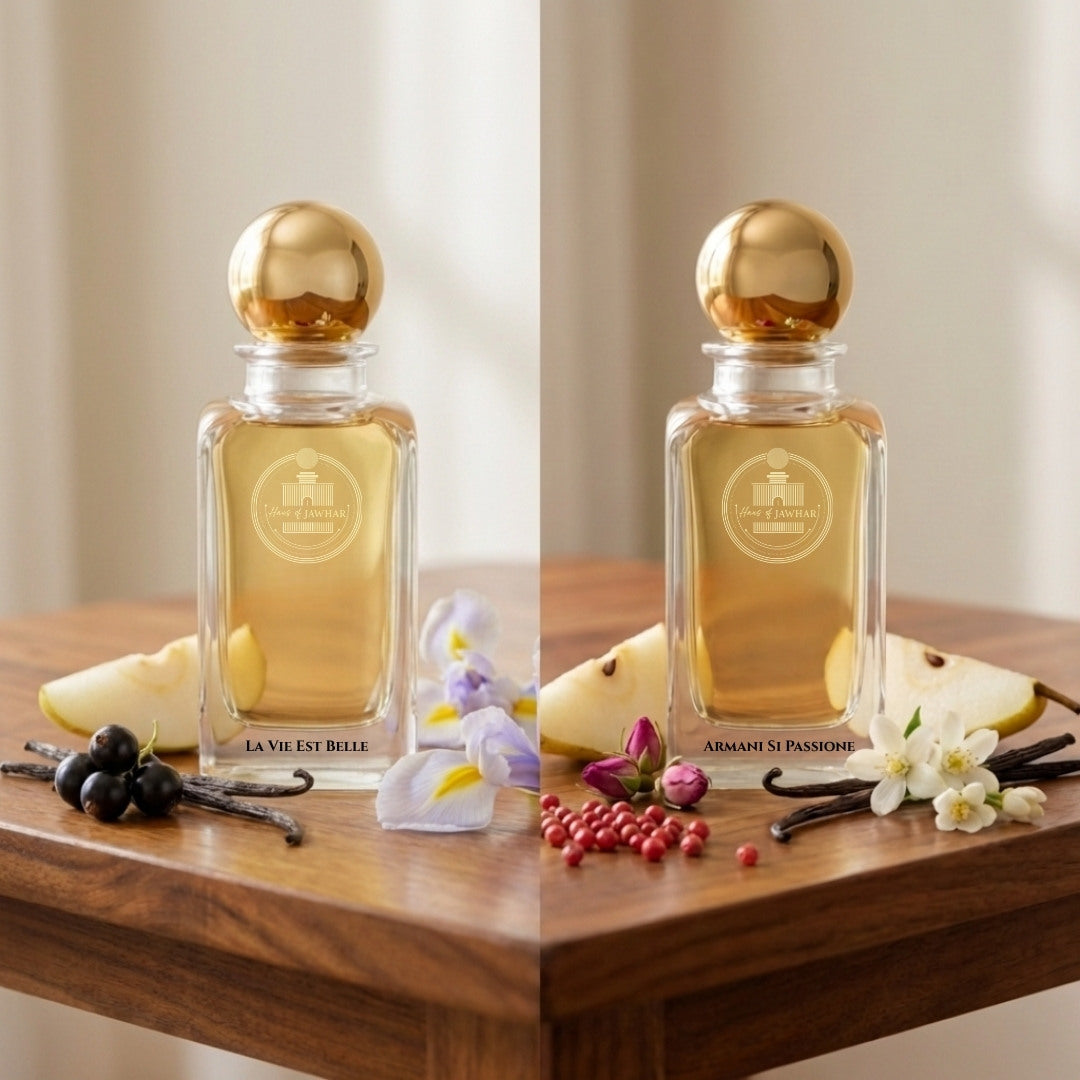 La Vie Est Belle and Armani Sì Passione by Haus Of Jawhar with pear, vanilla, rose, and white flowers.