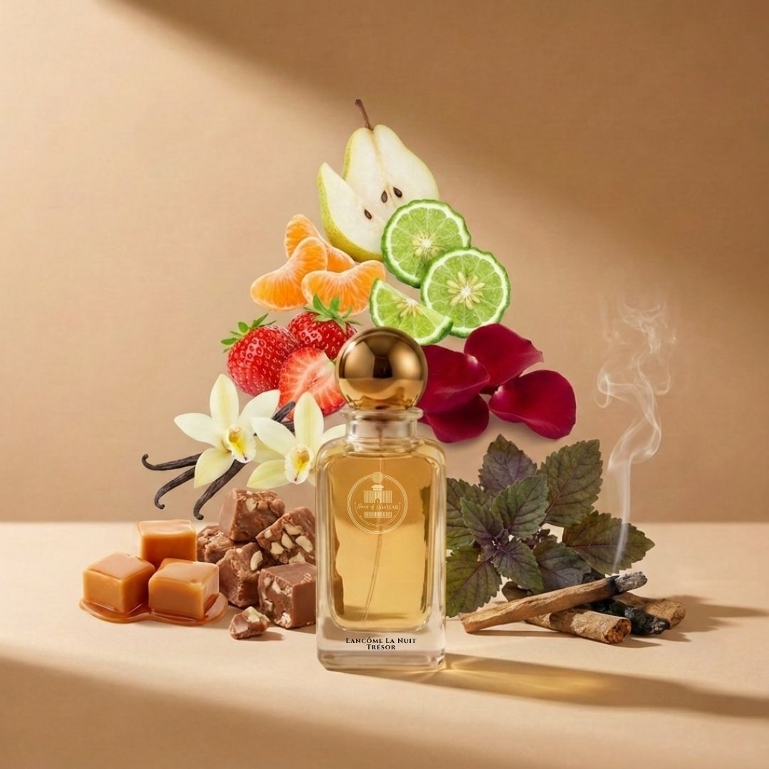 Haus Of Jawhar Lancôme La Nuit Trésor perfume bottle with rose, vanilla, praline and patchouli fragrance notes.