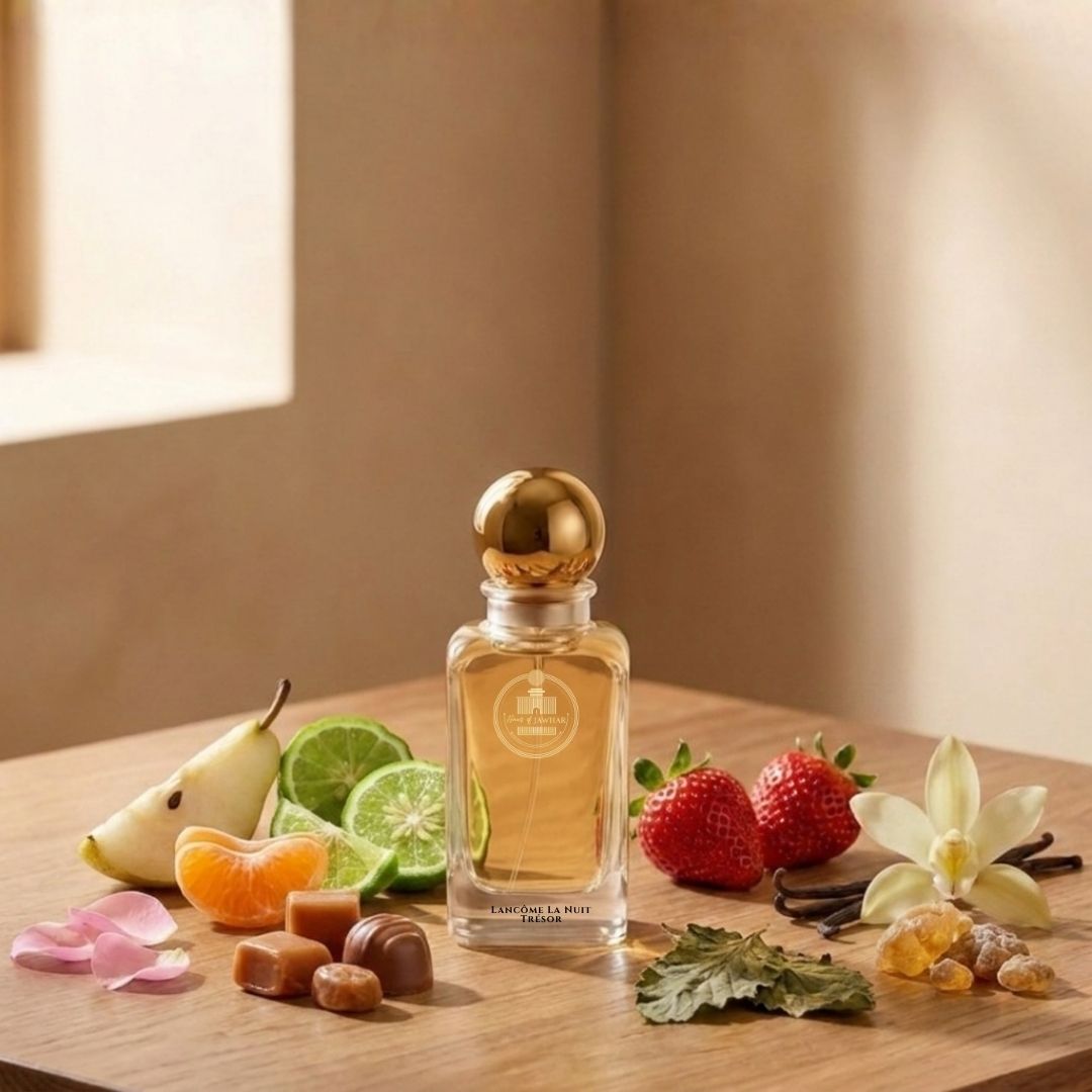 Haus Of Jawhar Lancôme La Nuit Trésor perfume bottle with rose, vanilla, praline and patchouli fragrance notes.