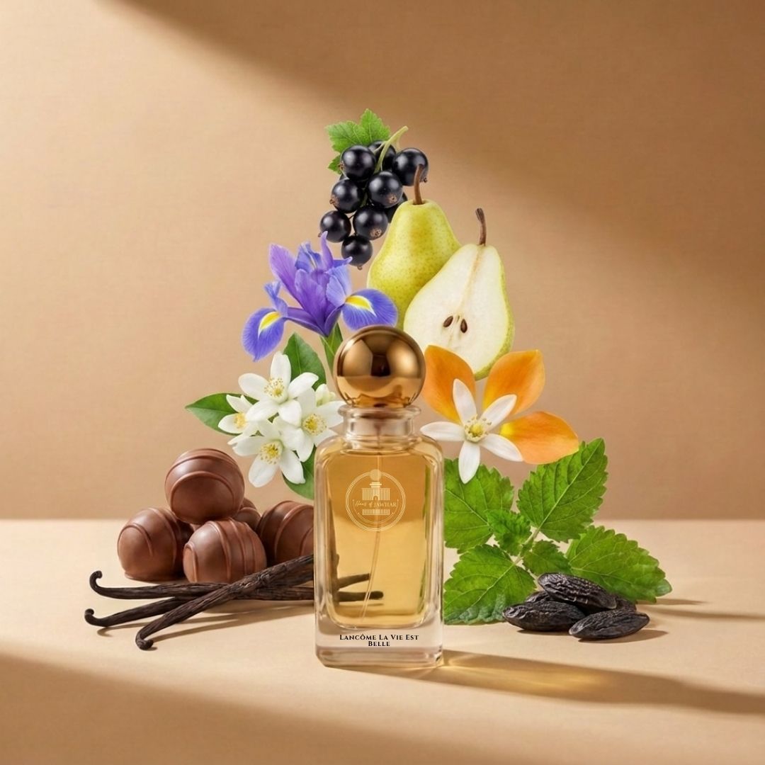 Haus Of Jawhar Lancôme La Vie Est Belle perfume bottle with iris, jasmine, praline and vanilla fragrance notes.