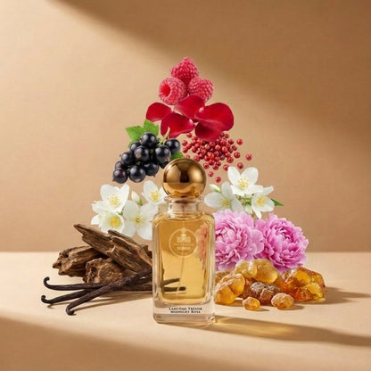 Haus Of Jawhar Lancôme Trésor Midnight Rose perfume bottle with raspberry, rose, vanilla and musk fragrance notes.