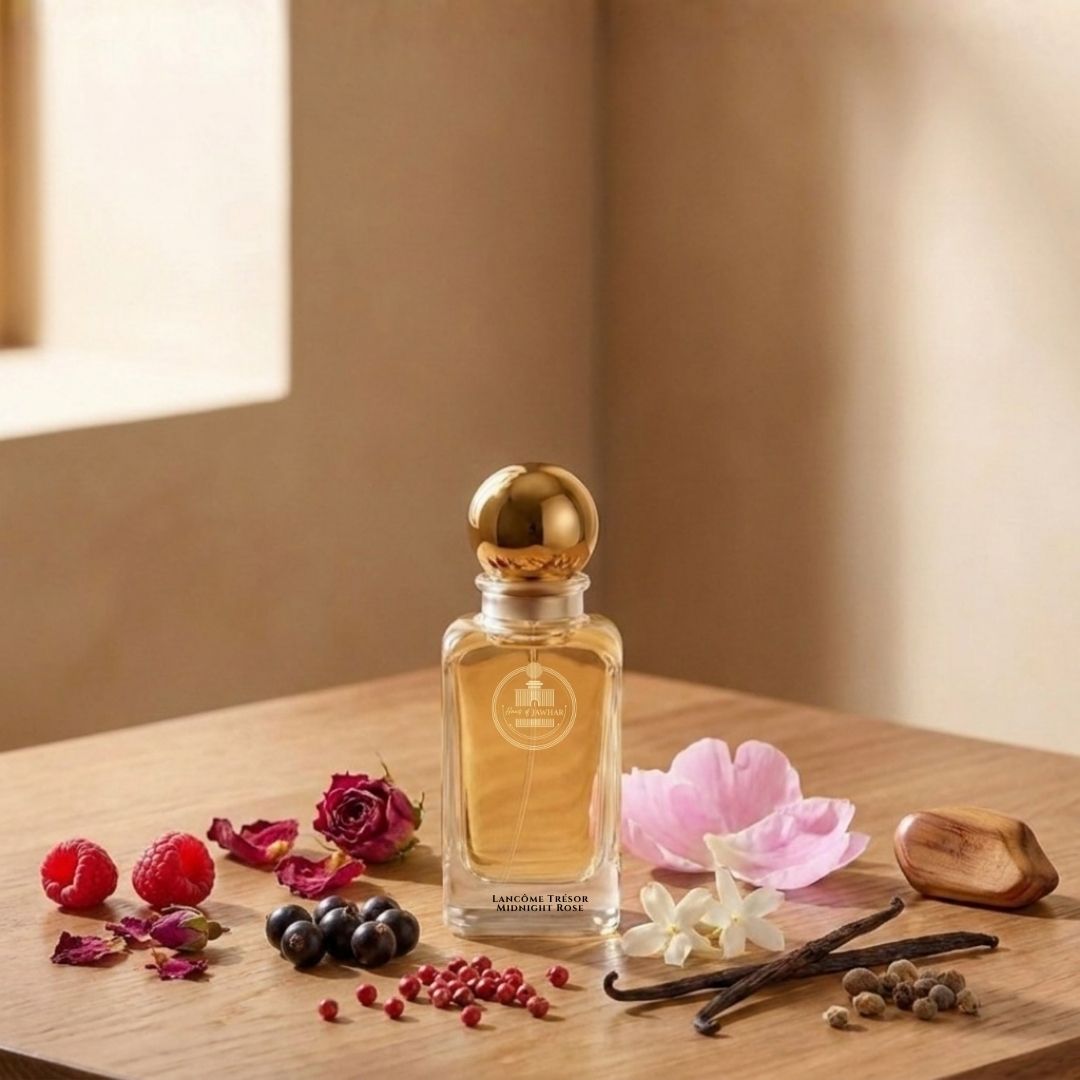 Haus Of Jawhar Lancôme Trésor Midnight Rose perfume bottle with raspberry, rose, vanilla and musk fragrance notes.