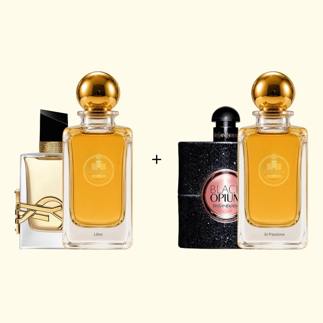 Haus Of Jawhar Libre and Black Opium perfume bottles with fragrance references.