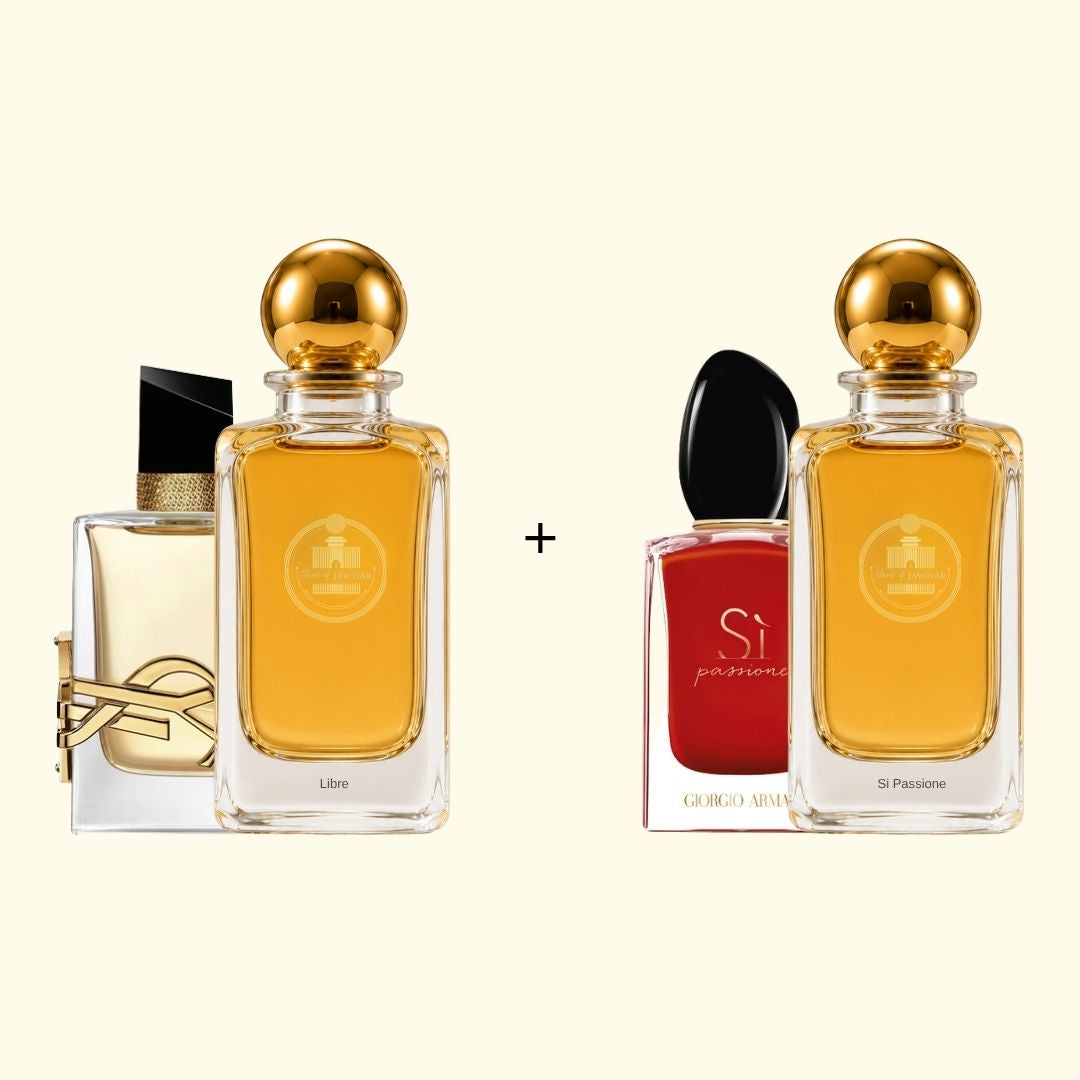 Haus Of Jawhar Libre and Si Passione perfume bottles with fragrance references.