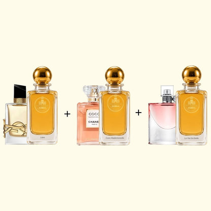 Haus Of Jawhar Libre, Coco Mademoiselle and La Vie Est Belle perfume bottles with fragrance references.