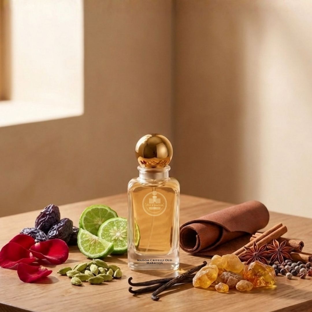 Haus Of Jawhar Maison Crivelli Oud Maracujá perfume bottle with passionfruit, oud, saffron and leather fragrance notes.