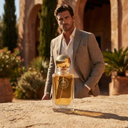 Haus Of Jawhar Mancera Red Tobacco perfume bottle in a luxury lifestyle setting.