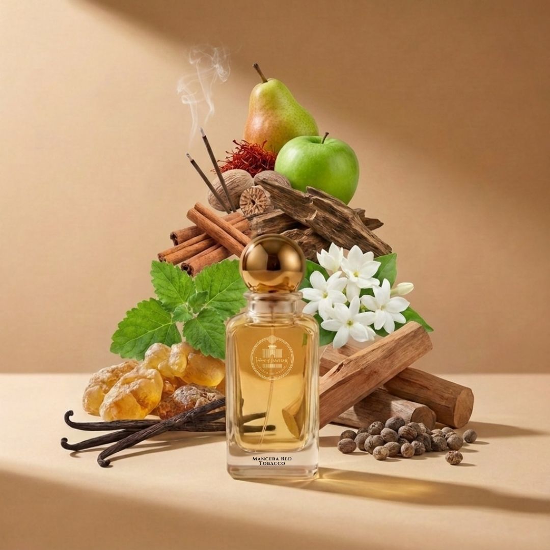 Haus Of Jawhar Mancera Red Tobacco perfume bottle with tobacco, cinnamon, saffron and vanilla fragrance notes.