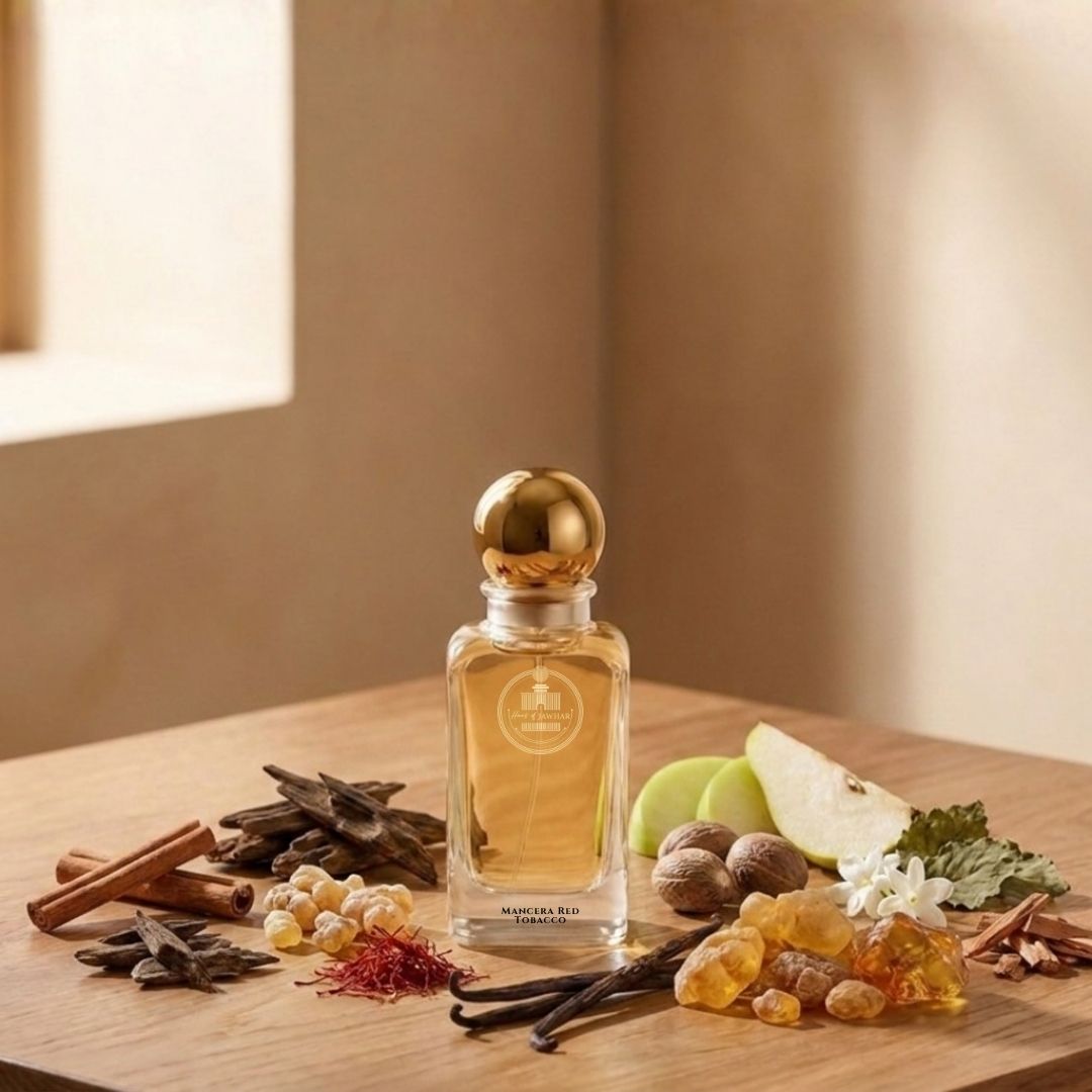 Haus Of Jawhar Mancera Red Tobacco perfume bottle with tobacco, cinnamon, saffron and vanilla fragrance notes.