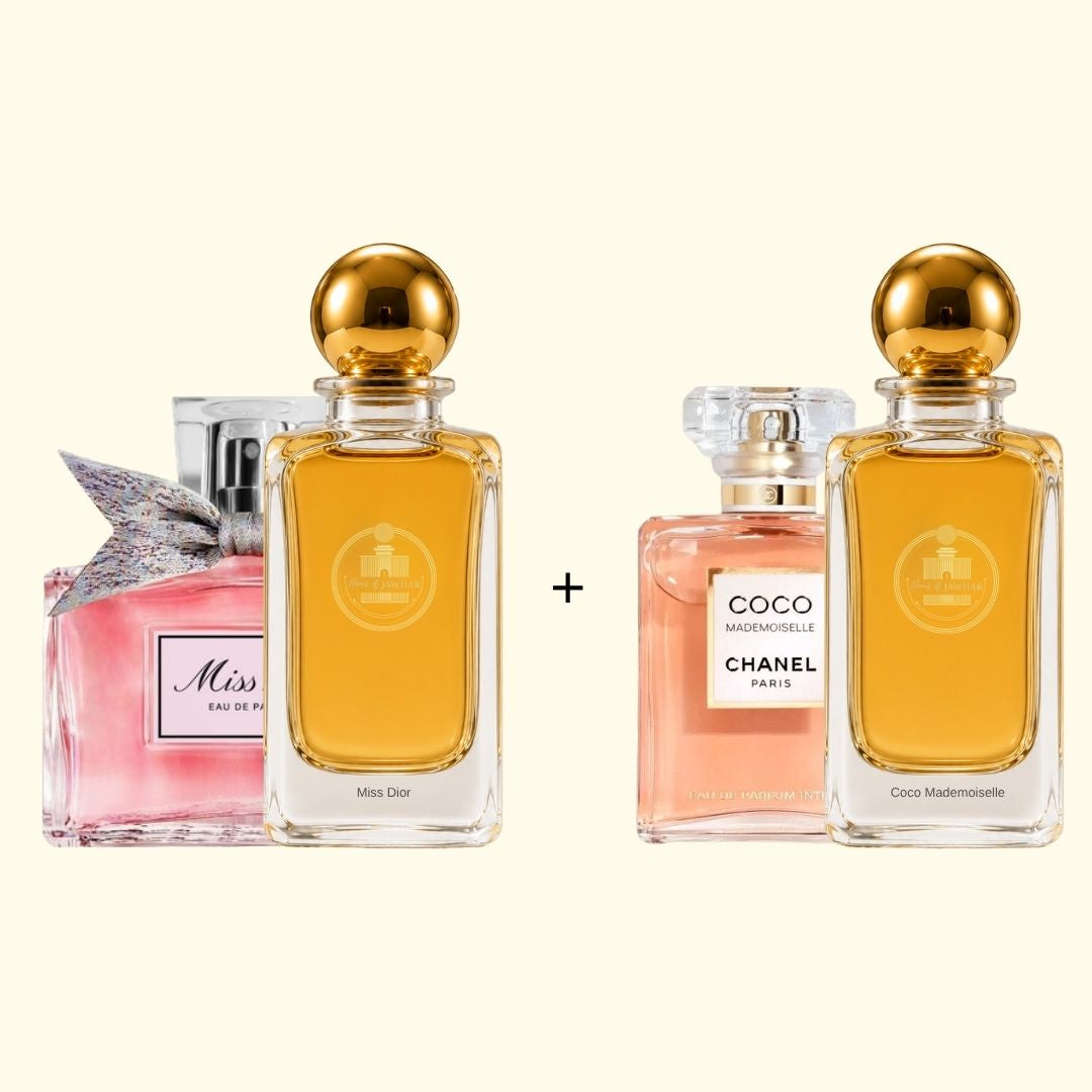 Haus Of Jawhar Miss Dior and Coco Mademoiselle perfume bottles with fragrance references.