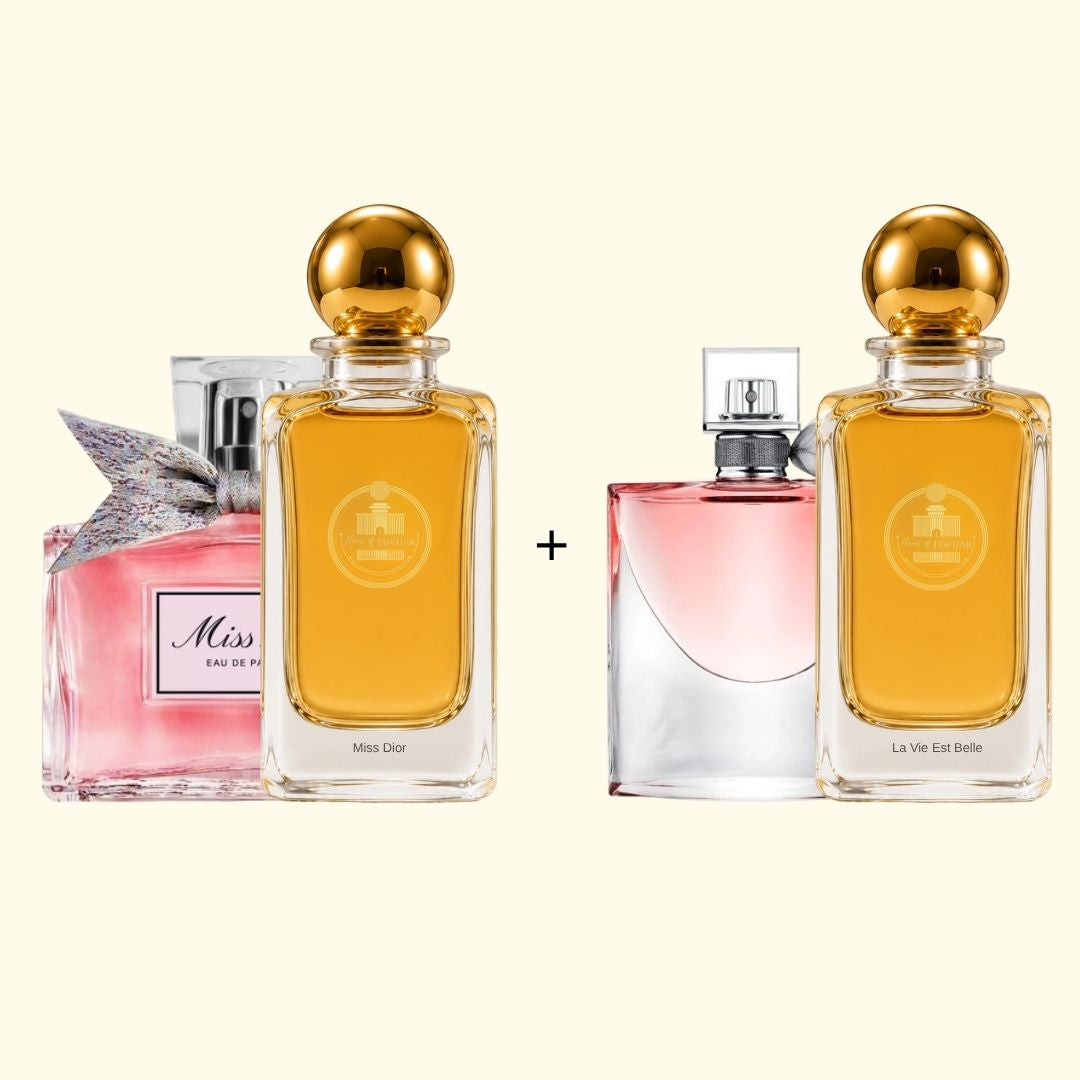 Haus Of Jawhar Miss Dior and La Vie Est Belle perfume bottles with fragrance references.