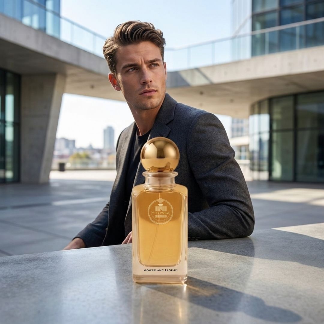 Haus Of Jawhar Montblanc Legend perfume bottle in a luxury lifestyle setting.