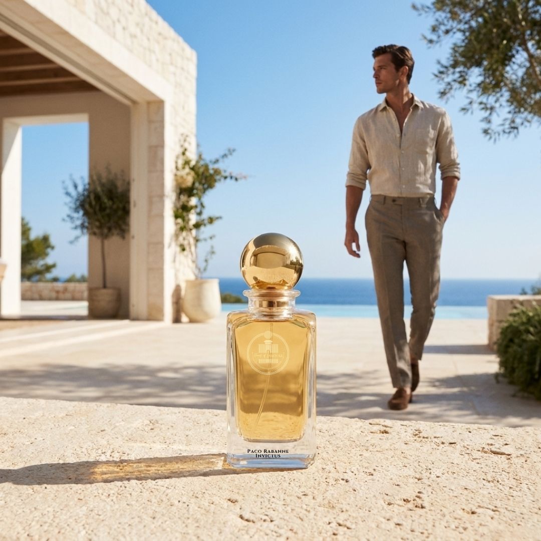 Haus Of Jawhar Paco Rabanne Invictus perfume bottle in a luxury lifestyle setting.
