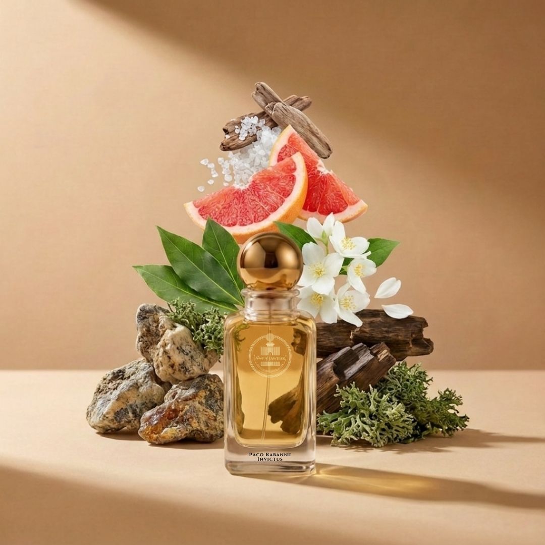 Haus Of Jawhar Paco Rabanne Invictus perfume bottle with grapefruit, marine notes, bay leaf and guaiac wood fragrance notes.