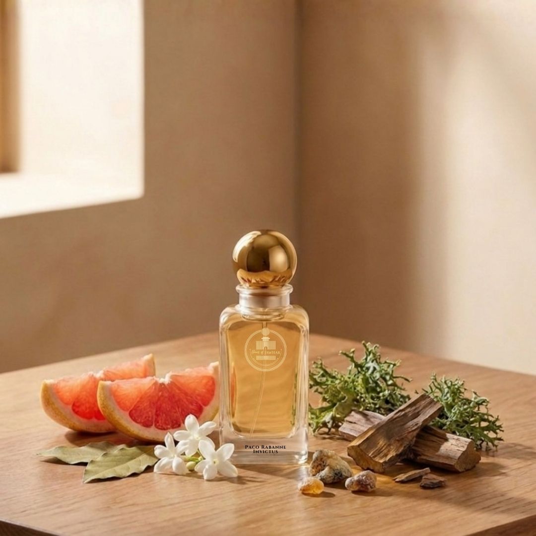Haus Of Jawhar Paco Rabanne Invictus perfume bottle with grapefruit, marine notes, bay leaf and guaiac wood fragrance notes.