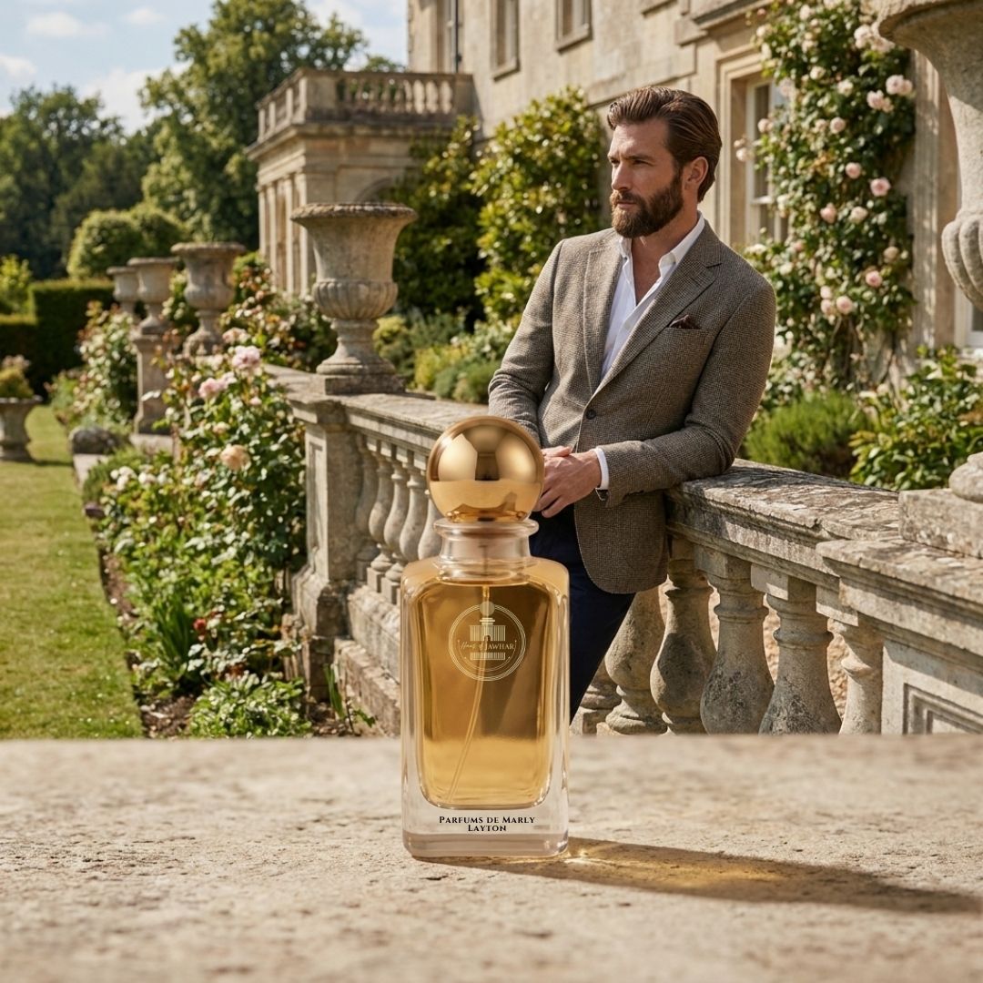 Haus Of Jawhar Parfums de Marly Layton perfume bottle in a luxury lifestyle setting.