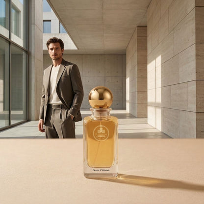 Haus Of Jawhar Prada L'Homme perfume bottle in a luxury lifestyle setting.