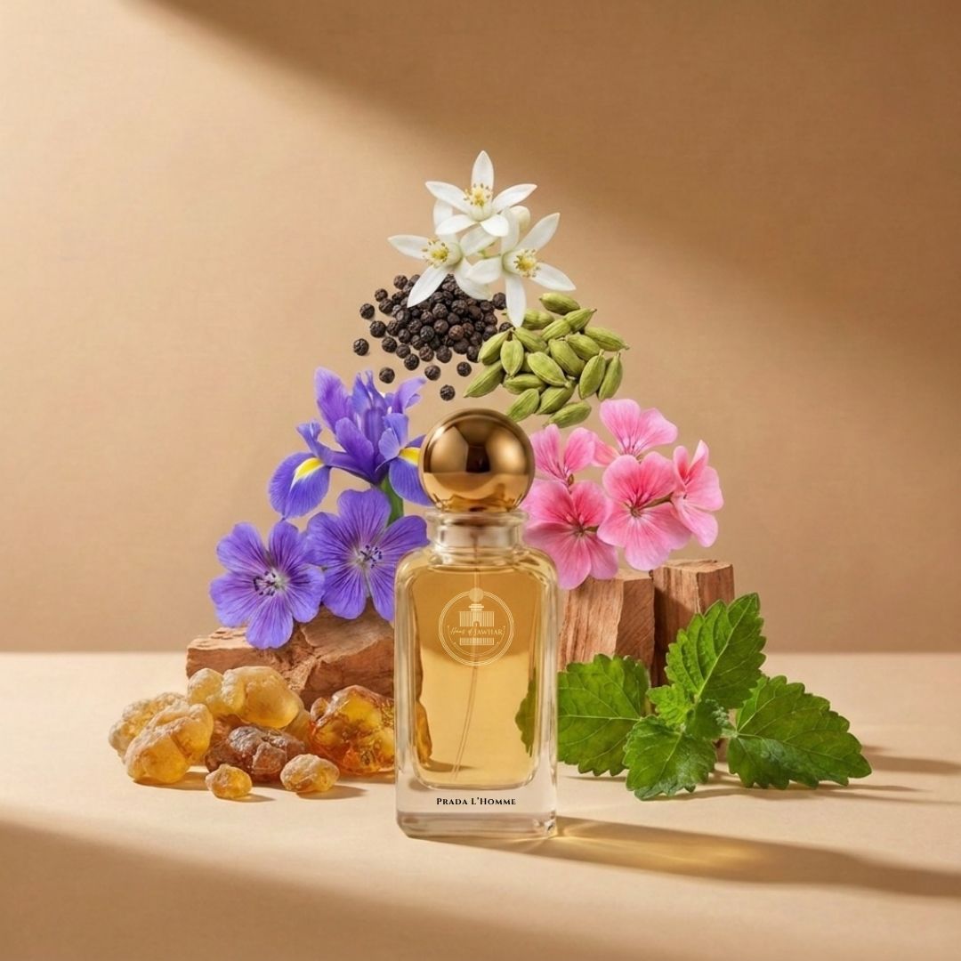 Haus Of Jawhar Prada L'Homme perfume bottle with neroli, iris, amber and sandalwood fragrance notes.