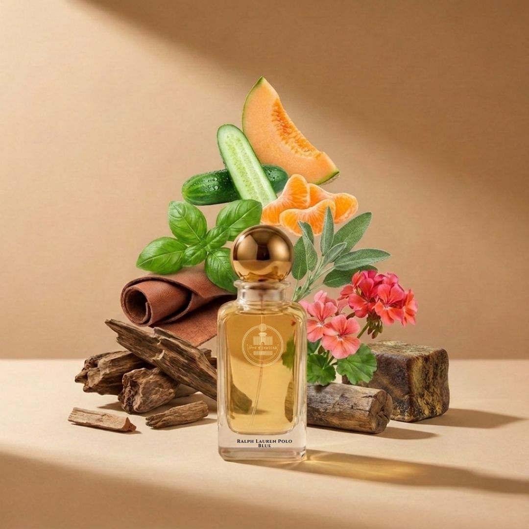 Haus Of Jawhar Ralph Lauren Polo Blue perfume bottle with melon, cucumber, basil and suede fragrance notes.